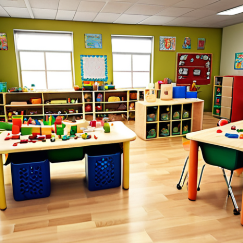 Home 4 ** A bright, colorful classroom with flexible furniture, loose parts like blocks and natural materials, and children engaged in playful learning activities. The atmosphere is one of collaboration and exploration.
**