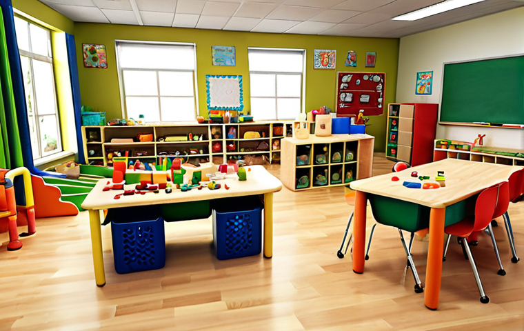 ** A bright, colorful classroom with flexible furniture, loose parts like blocks and natural materials, and children engaged in playful learning activities. The atmosphere is one of collaboration and exploration.
**